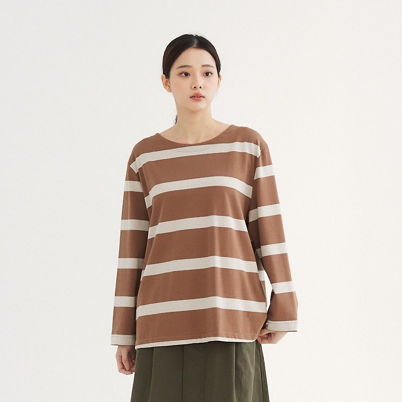 【Simply Yours】Comfortable pure cotton striped T-shirt coffee F - Women's Tops - Cotton & Hemp Khaki