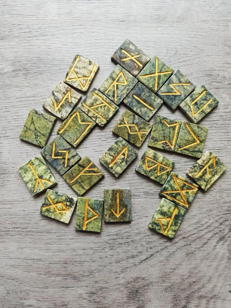 Handcarved Rune stone Divination 25 Rune Symbols Nordic magic Meditation gift - Other - Stone Green