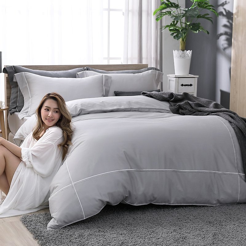(Double) Two-tone Embroidered Gentleman Grey - High-quality 60-cotton dual-use bedding package four-piece group -5*6.2 feet - เครื่องนอน - ผ้าฝ้าย/ผ้าลินิน สีเทา