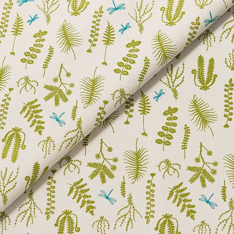 Hand-Printed Cotton Canvas(Wide) - 500g/y / Weeds and Dragonfly / Fern Green - Knitting, Embroidery, Felted Wool & Sewing - Cotton & Hemp Green