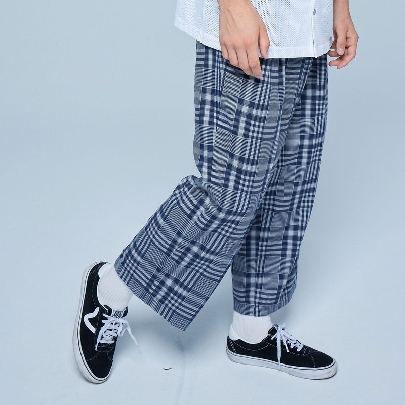 Stone'As Wild Cropped Pants / 格紋及踝寬褲 - 男長褲/休閒褲 - 其他材質 藍色