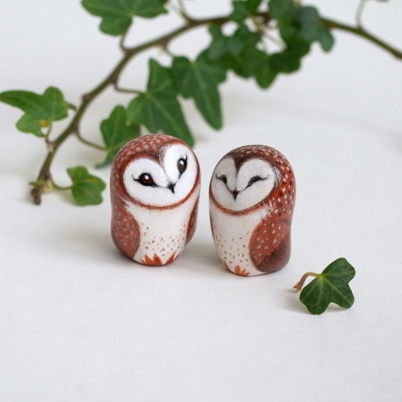 Barn owl figurine, polymer clay owl gift figurine, miniature animals, barn owl s - 公仔/玩偶 - 黏土 咖啡色