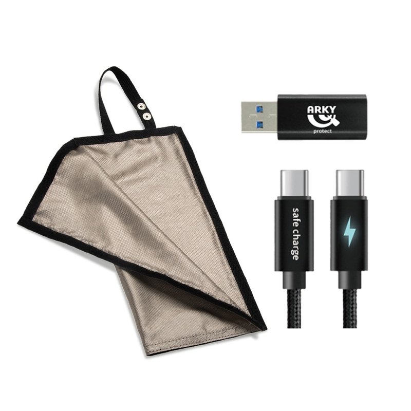 防駭三件組 防RFID防盜收納袋+USB-C to A轉接頭+Type-C充電線60W - 行動電源/充電線 - 鋁合金 黑色