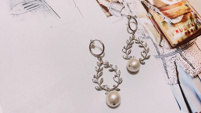 葉桂冠珍珠耳環 - 耳環/耳夾 - 其他金屬 
