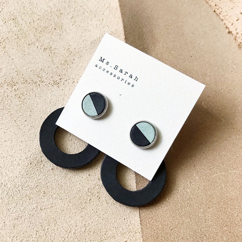 Leather earrings_round frame No.6 work #10_mixed color with dark blue - Earrings & Clip-ons - Genuine Leather Blue