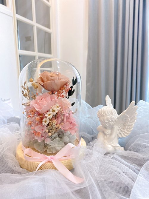 花天使 Floral.angelia 永生花｜不凋花｜乾燥花｜生活美學 秋日氣質奶茶色 永生玫瑰玻璃花燈 花罩 日本永生花 生日 情人
