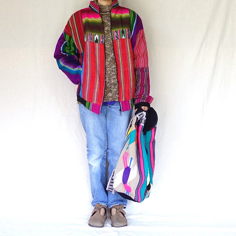 BajuTua / vintage / guatemalan rainbow patchwork jacket - Women's Casual & Functional Jackets - Wool Red