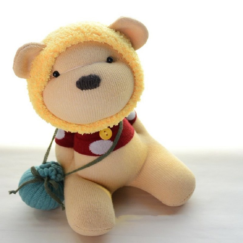 全手縫自然風襪子娃娃~黃帽暗紅T蜂蜜熊+仿蜂蜜罐 - 公仔模型 - 棉．麻 黃色