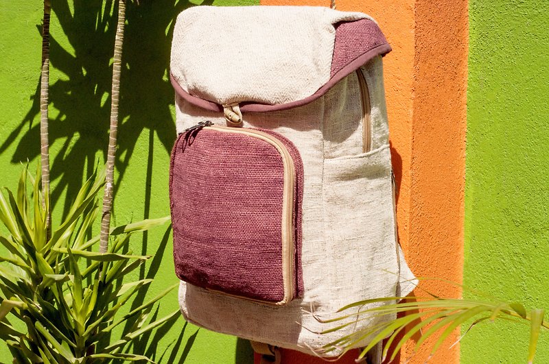 Cotton and linen stitching design backpack / shoulder bag / ethnic mountaineering bag / computer backpack - coffee forest geometry - Backpacks - Cotton & Hemp Brown
