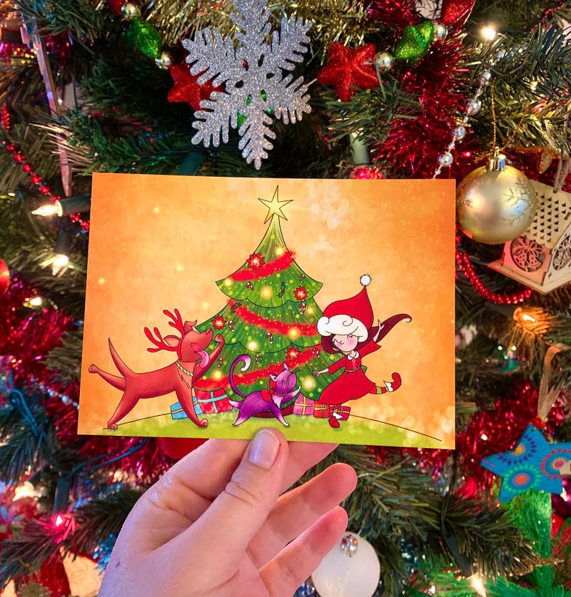 Rocking around the Christmas tree postcard - 卡片/明信片 - 紙 橘色