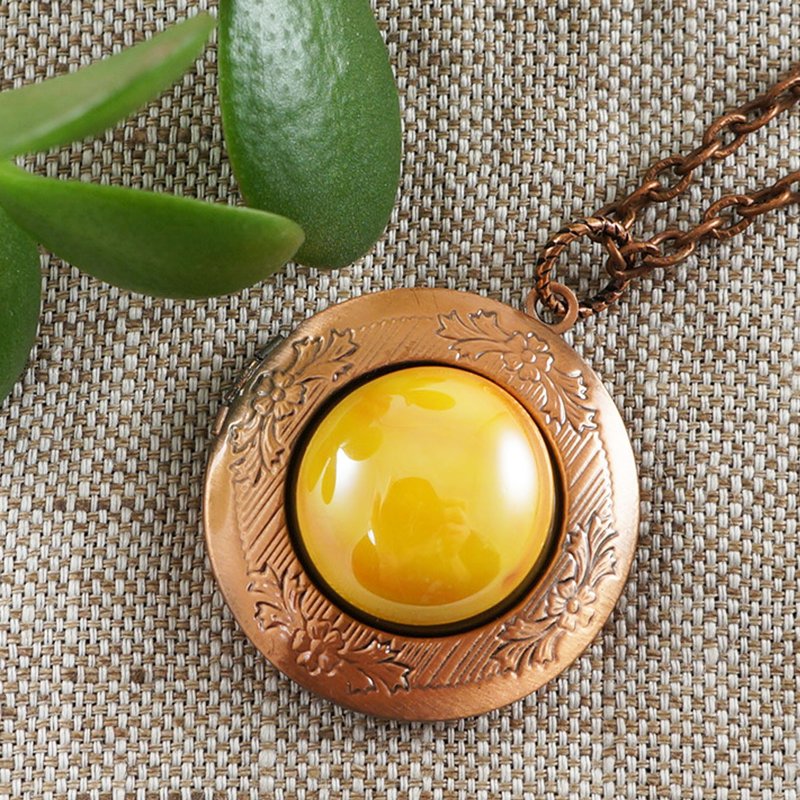 Yellow Glass Copper Round Photo Locket Keepsake Pendant Necklace Woman Jewelry - 項鍊 - 玻璃 黃色