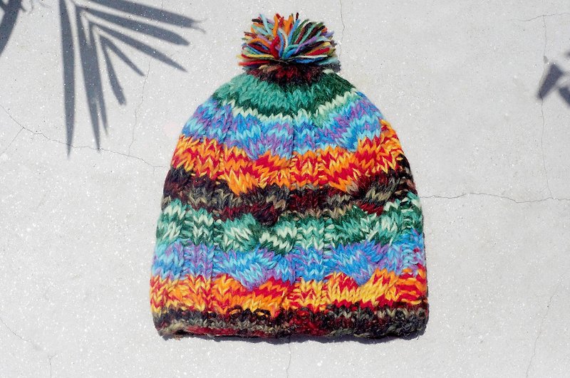 Christmas gift limited hand-woven pure wool hat / knitted wool hat / inner brush hand knitted wool hat / woolen hat (made in nepal)-colorful twisted forest series - Hats & Caps - Wool Multicolor