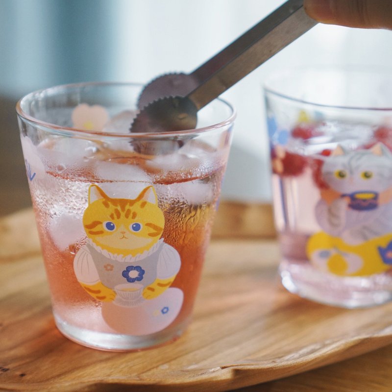 Miao Ji MEWJI original illustration cute glass cup cat afternoon tea print yellow orange cat - Cups - Glass 