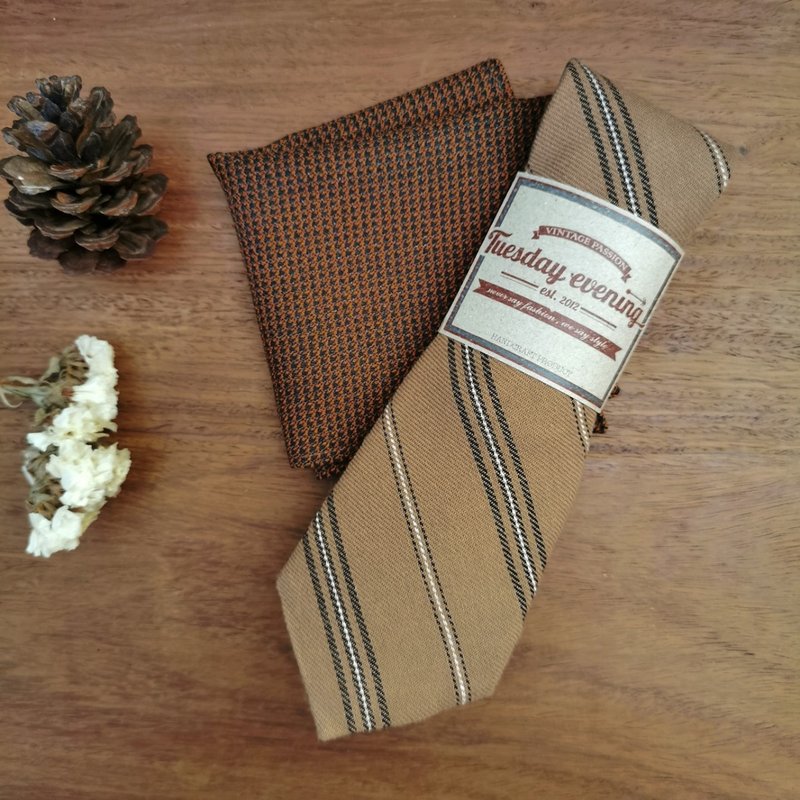 Tie Set - Necktie Set Sand Brown Stripe with Orange Brown Pocket Square - 領帶/領帶夾 - 棉．麻 咖啡色
