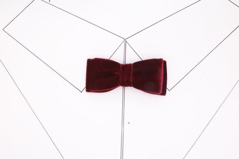 酒紅色絲絨窄版雙層領結復古新郎蝴蝶結 - 領帶/領帶夾 - 絲．絹 紅色