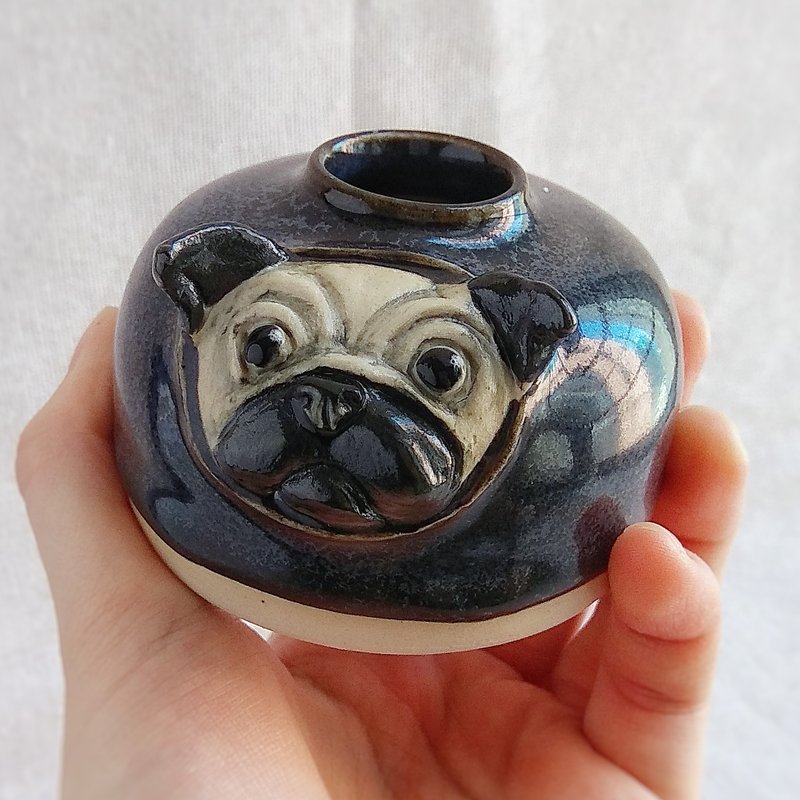 Handmade Ceramic Mini Flower Vase, Animal Home Decoration - Pug Dog - Pottery & Ceramics - Pottery Blue