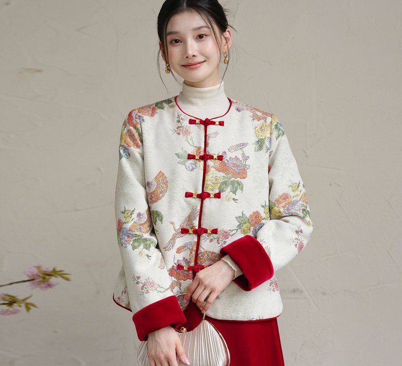 [Auspicious Red Garment] Neo-Chinese Retro Style Faux Song Brocade Jacquard / Short Jacket / Half Skirt - เสื้อแจ็คเก็ต - วัสดุอื่นๆ สีแดง