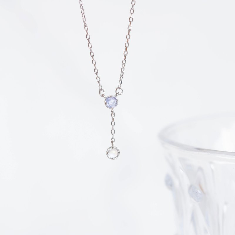 Moonstone mix tanzanite 925 sterling silver cake prong set Y necklace - สร้อยคอ - คริสตัล สีเงิน