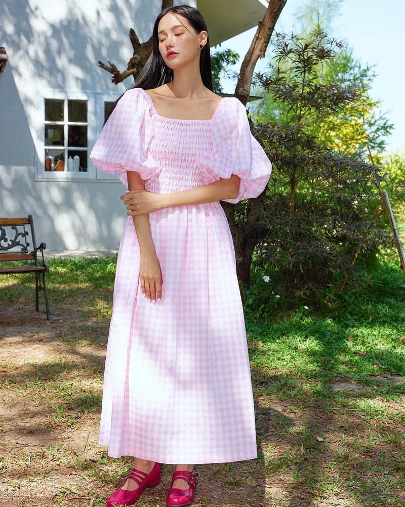 Lydie Pink Gingham Dress - ชุดเดรส - ผ้าฝ้าย/ผ้าลินิน สึชมพู