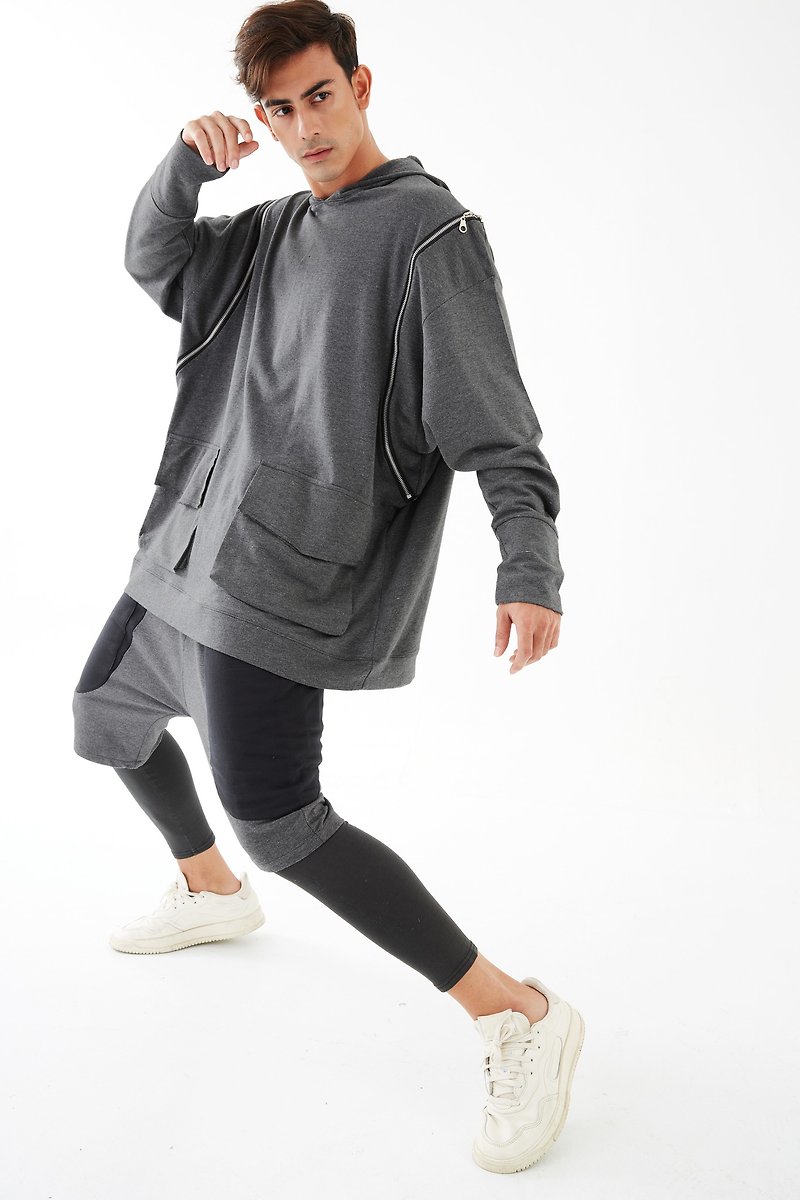 Men's Oversized Hoodie Zipper Detail Sweater in Mottled Gray - 男裝 毛衣/針織衫 - 其他材質 灰色