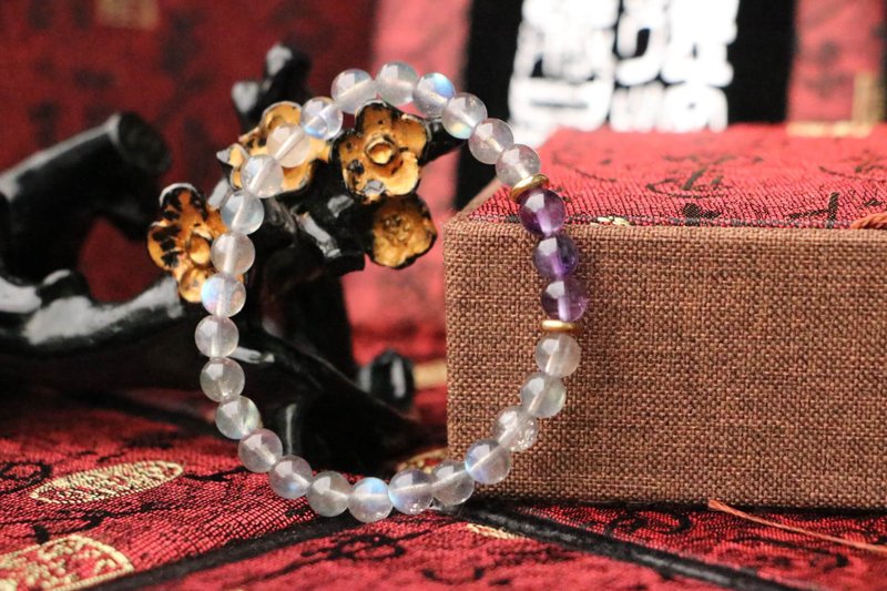 原礦天然拉長石手珠 6mm 紫水晶隔珠 客製化串珠飾品 手鍊 beads - 手鍊/手環 - 玉石 