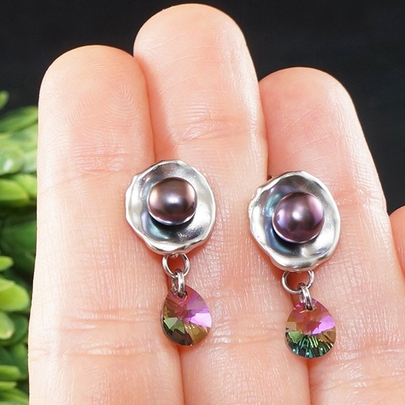 Purple Teardrop Swarovski Crystal Earrings Violet Blue Pearl Earrings Jewelry - 耳環/耳夾/耳骨夾 - 水晶 紫色