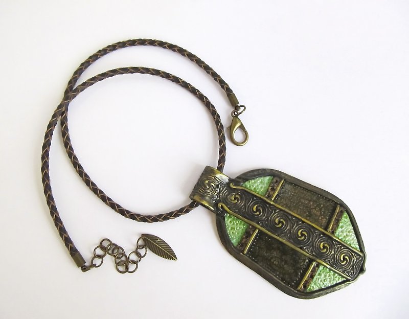 Large ethnic pendant Shield pendant Celtic viking pendant amulet Boho pendant - Necklaces - Clay Green