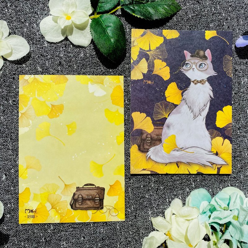 Postcard | Double-sided Illustration-Ginkgo Wenqing Cat - Cards & Postcards - Paper Yellow