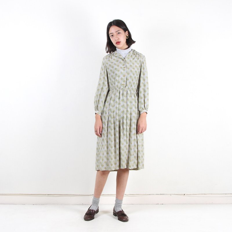 Egg plant vintage] Young grass pleated printed vintage dress - One Piece Dresses - Polyester Green