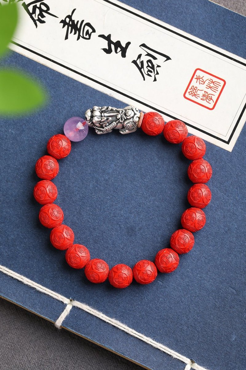 Natural cinnabar fine red sand five emperors money bracelet size is about 10mm, cinnabar content is as high as 95% - Bracelets - Gemstone 