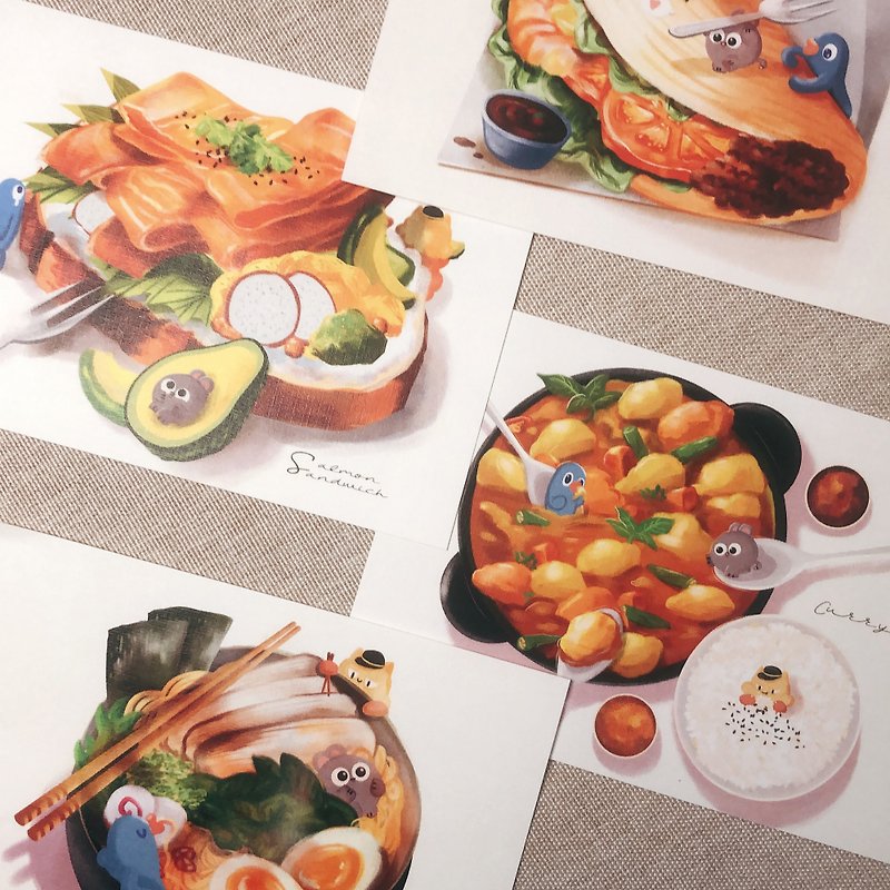 Food Series Postcards Mexican Tacos Ramen Salmon Sandwiches Indian Curry - การ์ด/โปสการ์ด - กระดาษ สีนำ้ตาล
