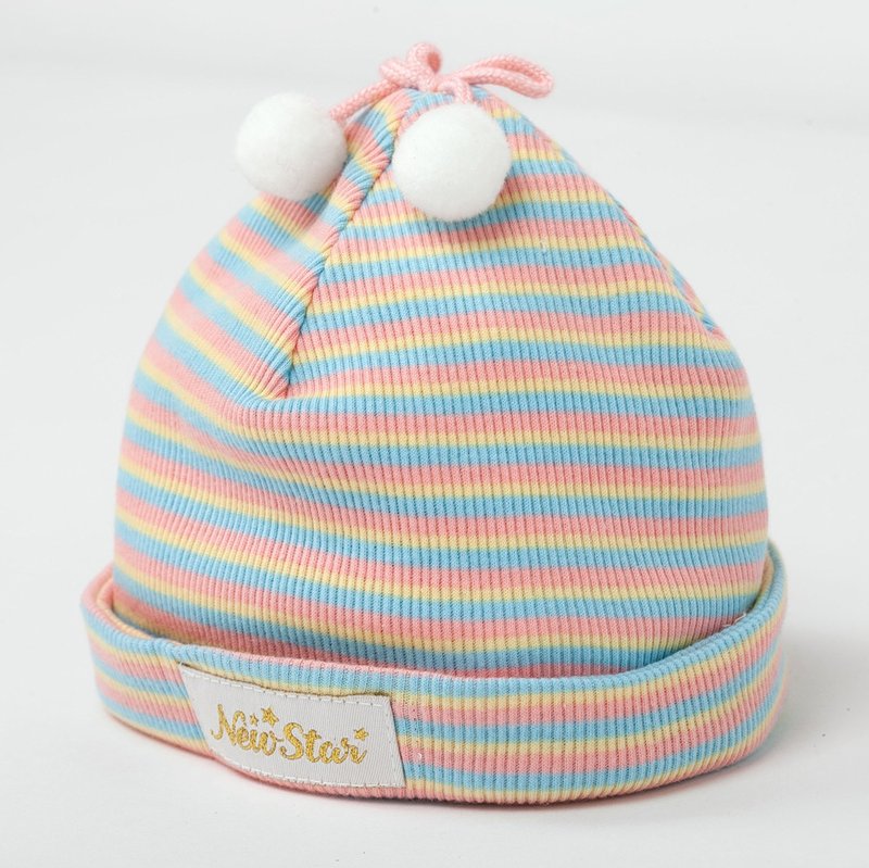 Macaron-color baby cap (pure cotton, rib trim stretch fabric with small pom poms - Baby Hats & Headbands - Cotton & Hemp Multicolor