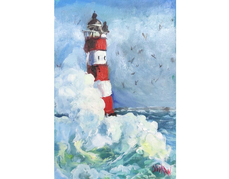 Seascape Original Art Lighthouse Oil Painting Lighthouse Impasto Sea Wall Art - โปสเตอร์ - วัสดุอื่นๆ สีน้ำเงิน