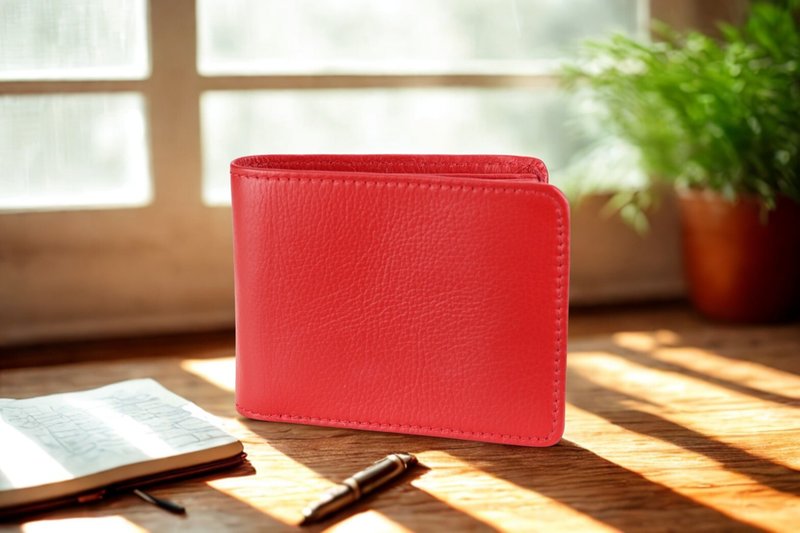 W008 Wallet + Credit card slot - Red - Genuine leather - 皮夾/長短夾/錢包 - 真皮 紅色