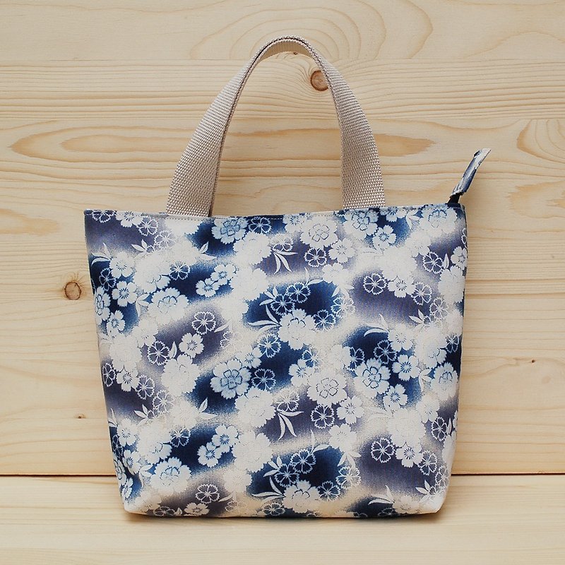 Gradient sakura zipper tote bag - Handbags & Totes - Cotton & Hemp Blue