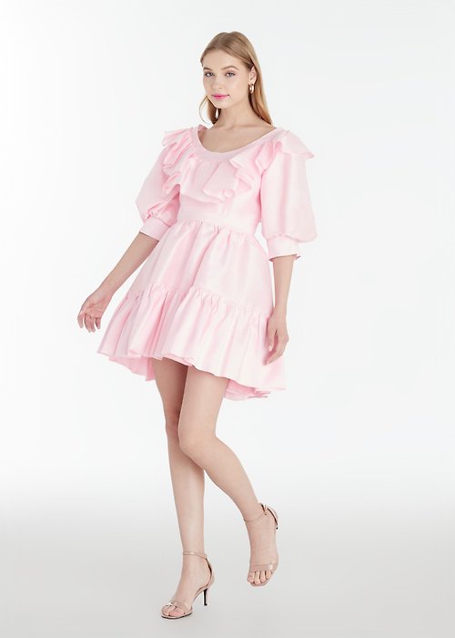 sginstar Lisa pink ruffles natural Thai silk dress for women