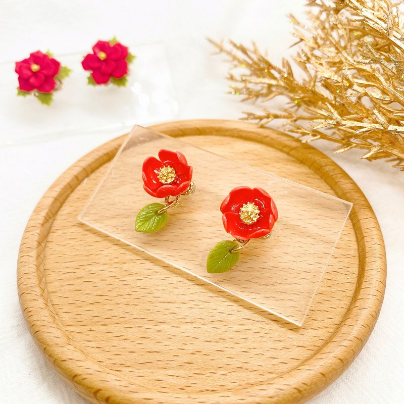 Camellia, stump flower earrings | Clay earrings - ต่างหู - ดินเหนียว สีแดง