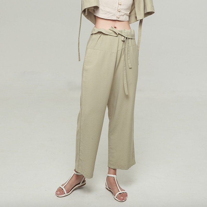Grey-green high-waisted wrinkled loose-banded wide-leg leg straight pants please open the fisherman's pants to eat no longer worry waist series summer cool color | vitatha Fan Tata original design independent women's brand - Women's Pants - Cotton & Hemp Green