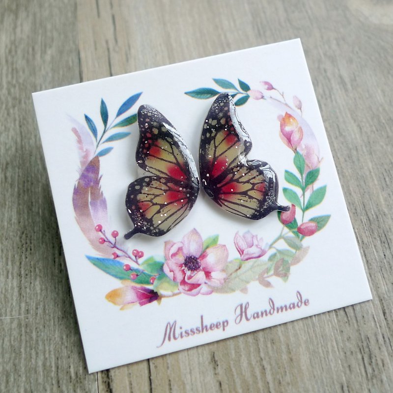 Misssheep-Butterfly Wings系列-紅黃手作耳環 (耳針 / 可轉透明耳夾) 一對 - 耳環/耳夾 - 塑膠 