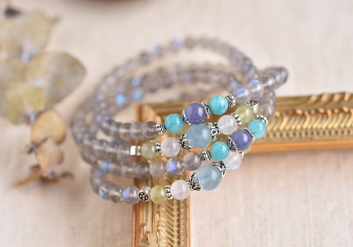 CaWaiiDaisy Handmade Jewelry 淺色藍光拉長石+海藍寶+丹泉石108顆念珠/佛珠項鍊/多圈手鍊