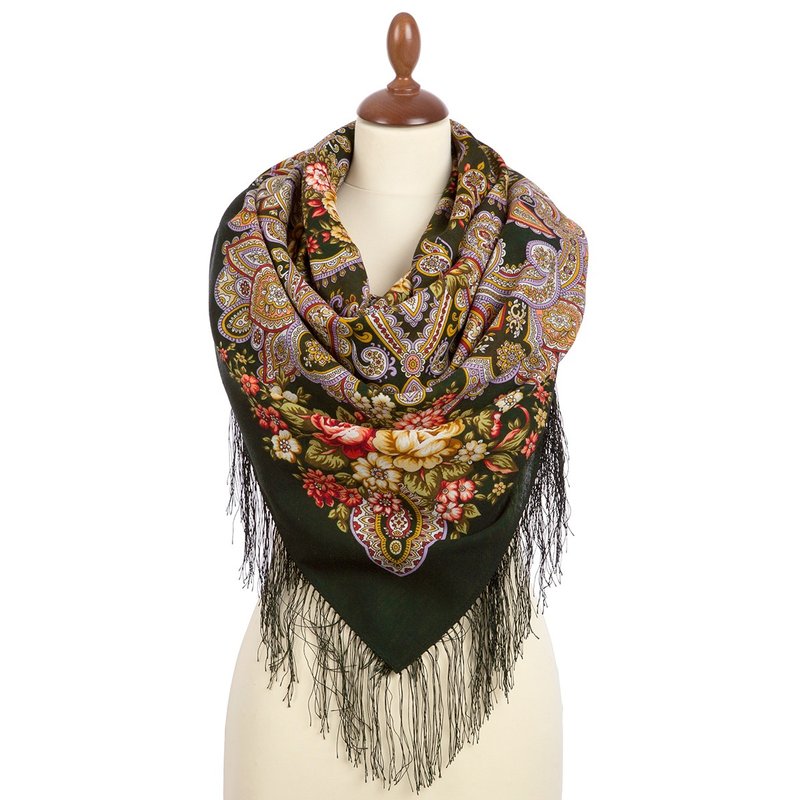 Pavlovo Posad Russian Shawl 100% Wool Scarf 125x125 cm Wrap Silk Fringe 1802-10 - Knit Scarves & Wraps - Wool Multicolor