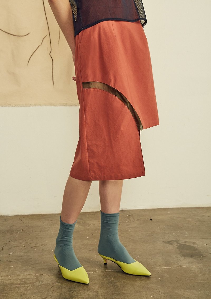 Silk panelled Skirt / Brick - กระโปรง - ผ้าฝ้าย/ผ้าลินิน สีแดง