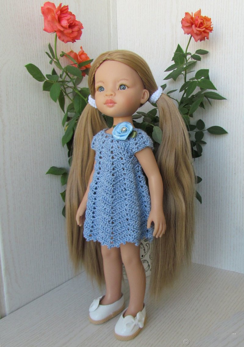 Blue crochet dress for Paola Reina doll, dress for Las Amigas 32 cm 13in doll - ตุ๊กตา - ผ้าฝ้าย/ผ้าลินิน สีน้ำเงิน