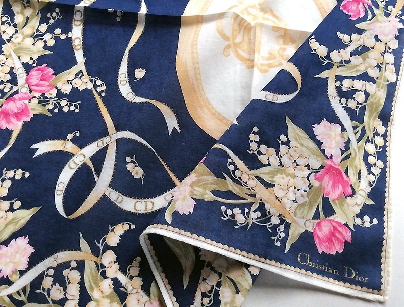 Christian Dior Vintage Handkerchief Lily of Valley 18.5 x 18.5 inches - ผ้าพันคอ - ผ้าฝ้าย/ผ้าลินิน สีน้ำเงิน