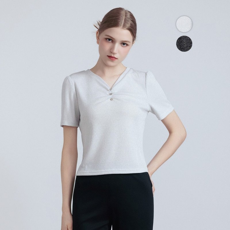 【MEDUSA】微光胸褶高彈性修身內搭短袖上衣 - 2色(M-XL) | 百搭 - 女上衣/長袖上衣 - 聚酯纖維 銀色