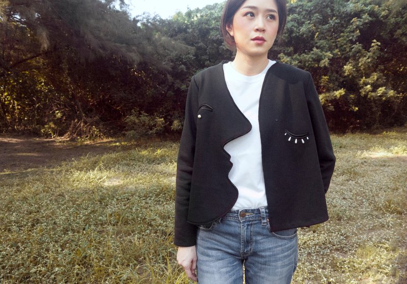 Therese 開襟棉質黑色小外套 - 女大衣/外套 - 棉．麻 黑色