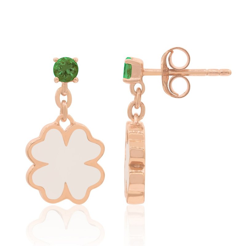 14K/ 18K Solid Gold 4 Leaf Clover Earrings set with Emerald - ต่างหู - เครื่องเพชรพลอย สีทอง