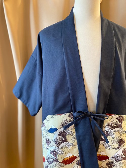 一月一日 獨家設計 神奈川沖浪裏 藤黃款 手工和式外套 / 短袖款
