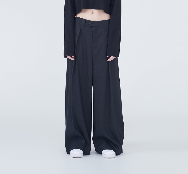 TRAN - after wide linen pants low - กางเกงขายาว - ผ้าฝ้าย/ผ้าลินิน สีดำ
