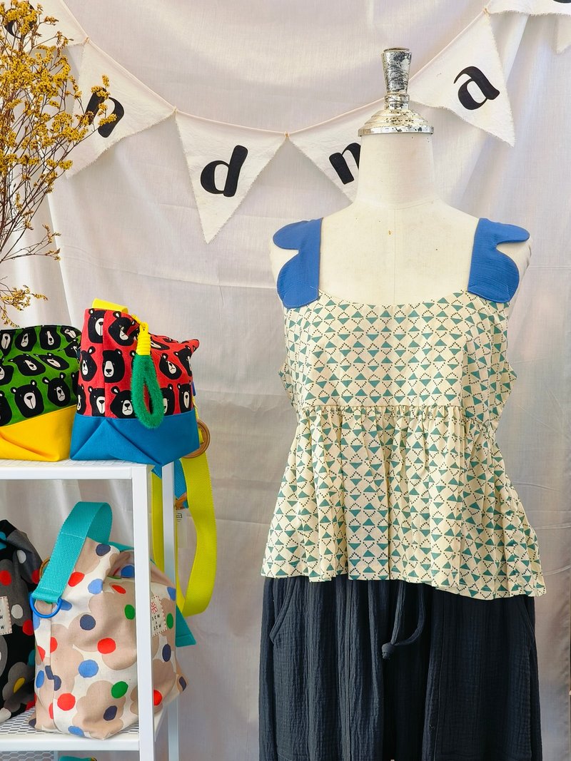 M/L Size Pastel flower printed cotton tank top with flower shape shoulder straps - Women's Tops - Cotton & Hemp Multicolor